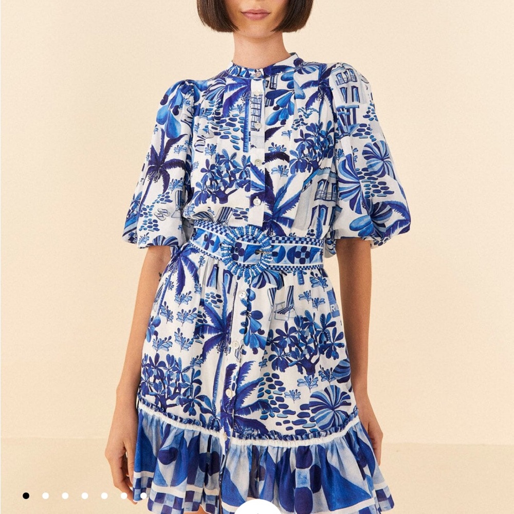 FARM Rio Sweet Rio puff sleeve Blue and White Mini Dress